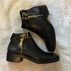 Zara Basic Collection Real Leather Flat Biker Zip Gold Chelsea Boot 39 8